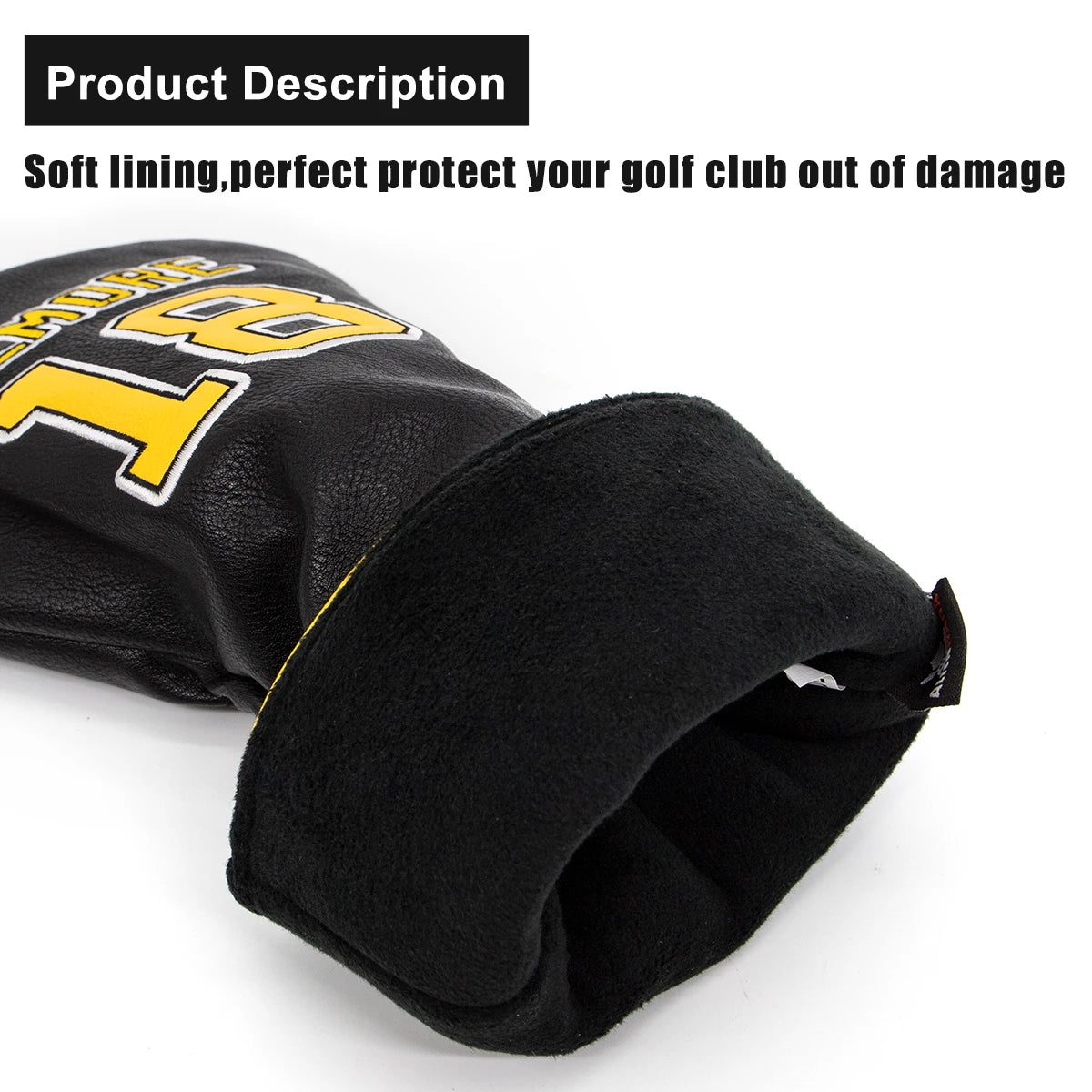 Black golf club head cover with yellow text on a white background