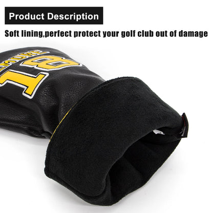 Black golf club head cover with yellow text on a white background