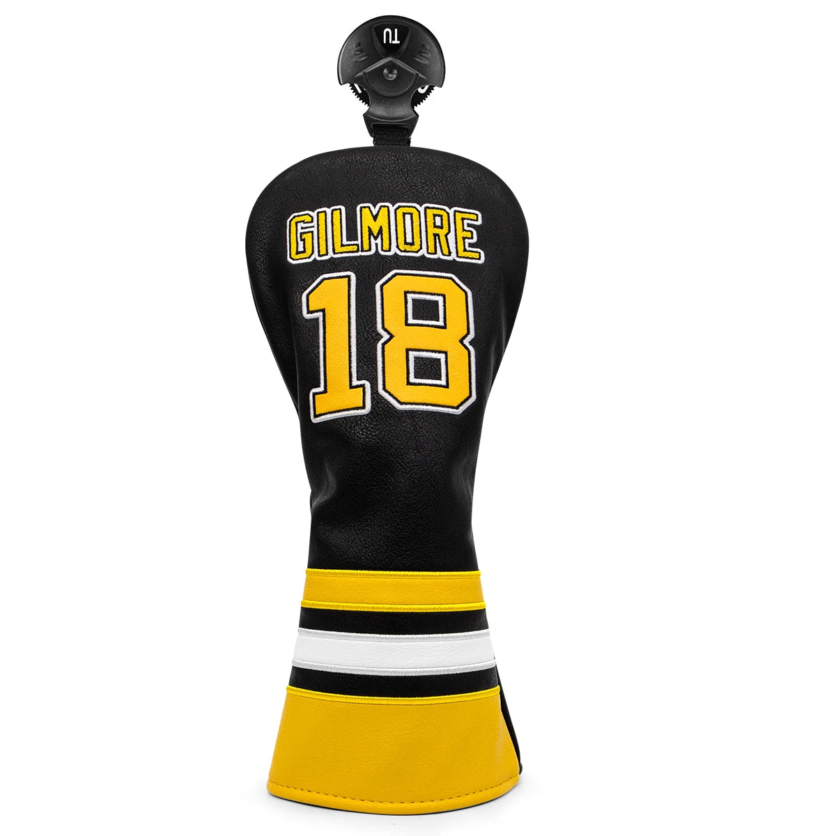 Golf club head cover with 'Gilmore' and number '18' on a white background
