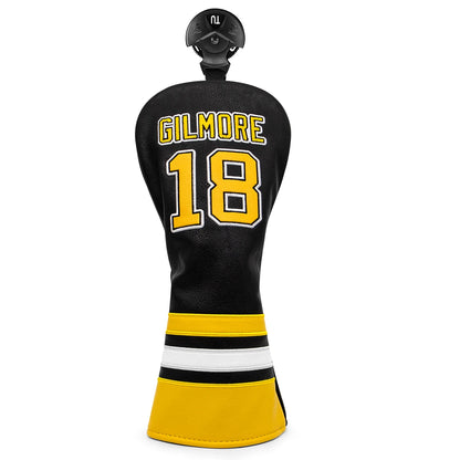 Golf club head cover with 'Gilmore' and number '18' on a white background