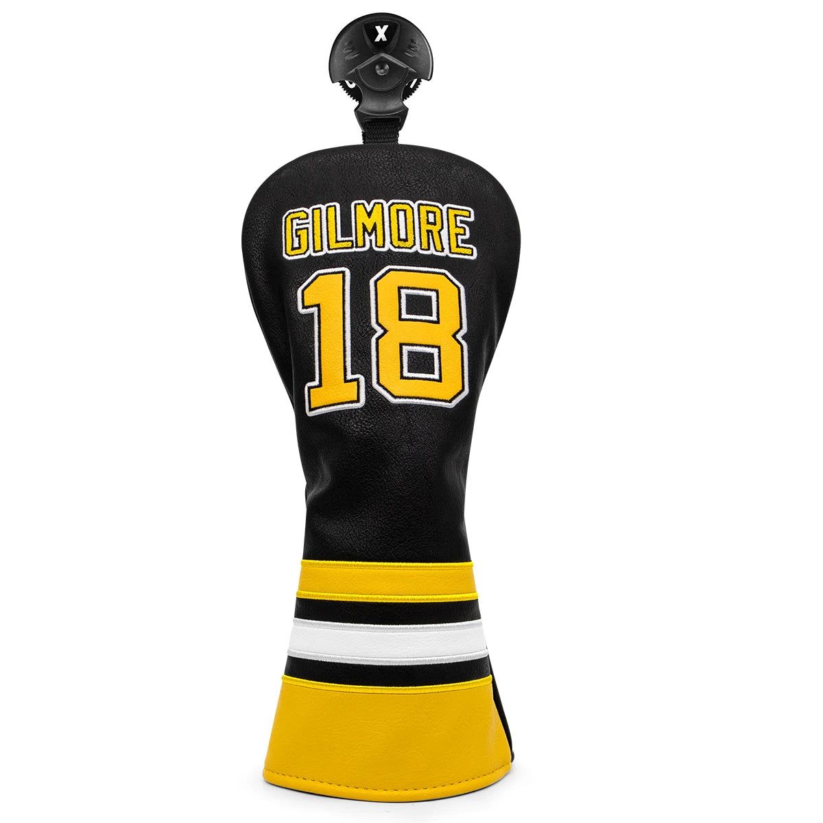 Golf club head cover with 'Gilmore' and number '18' on a white background