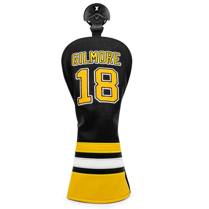 Golf club head cover with 'Gilmore' and number '18' on a white background