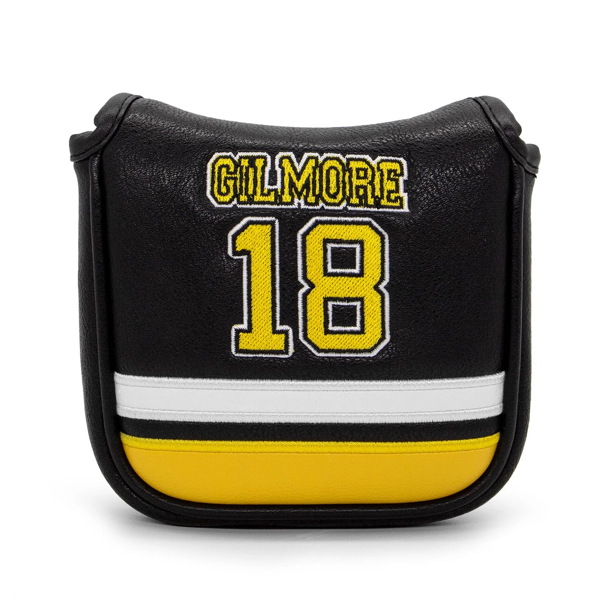 Black bag with yellow text and stripes on a white background