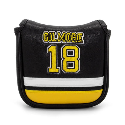 Black bag with yellow text and stripes on a white background