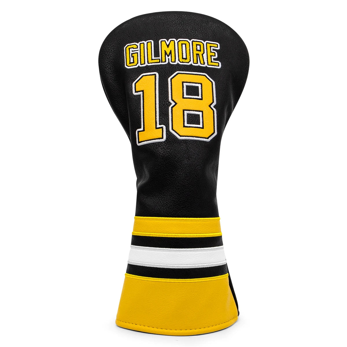 Golf club head cover with 'Gilmore 18' text on a white background