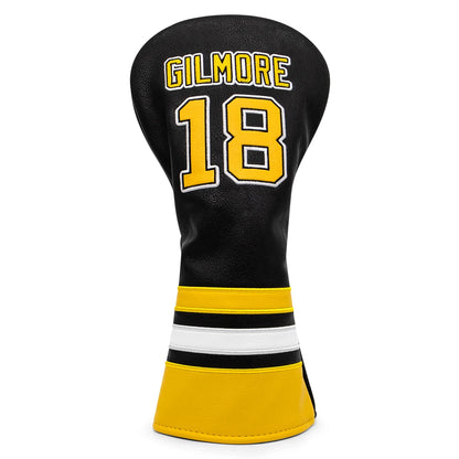 Golf club head cover with 'Gilmore 18' text on a white background