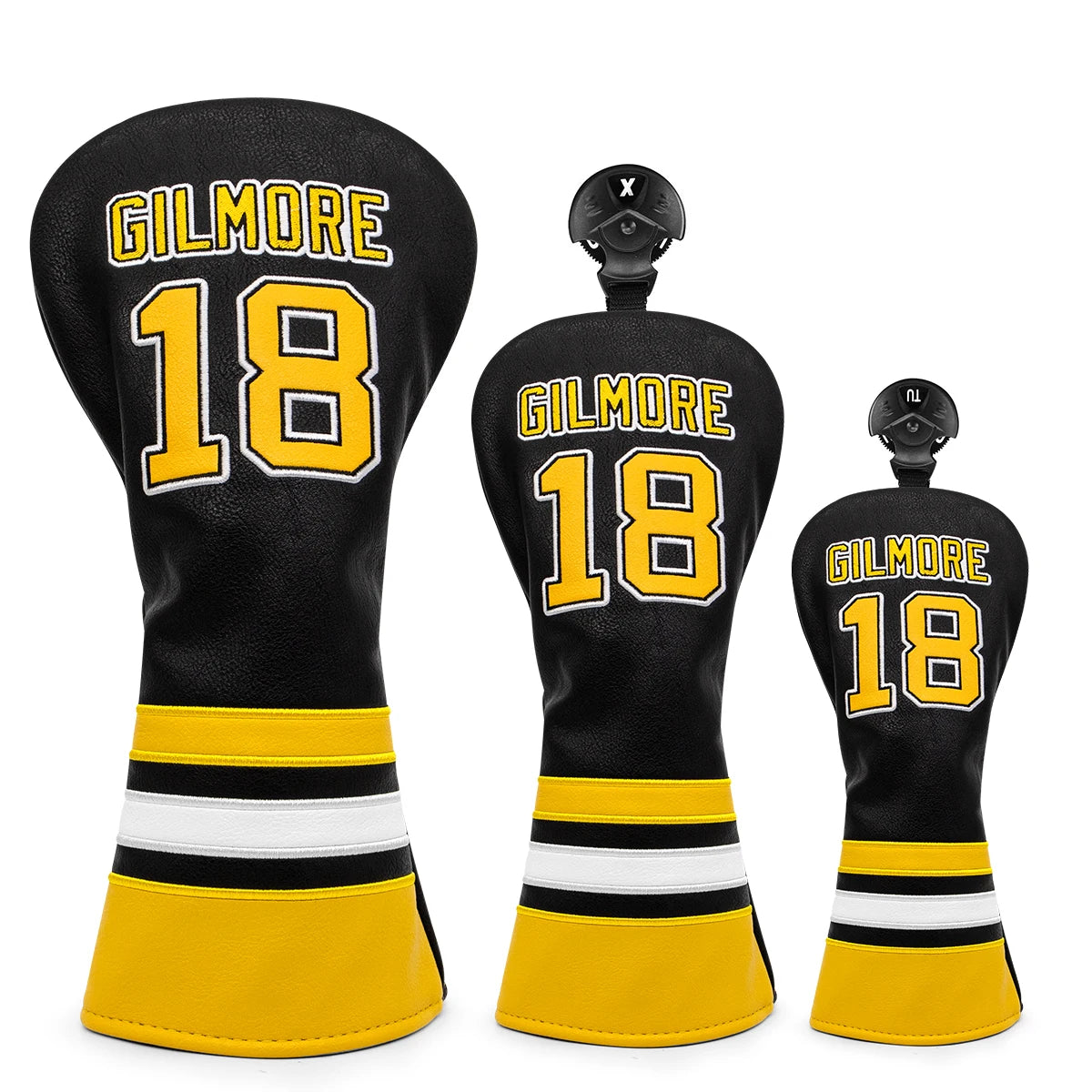 Three golf club head covers with 'Gilmore 18' branding on a white background