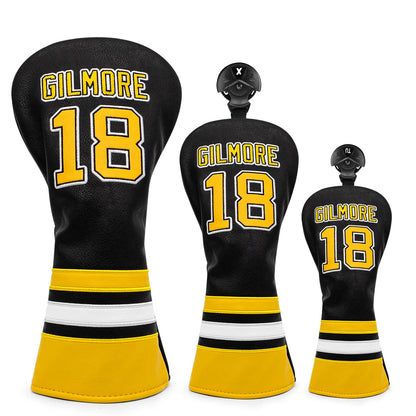Three golf club head covers with 'Gilmore 18' branding on a white background