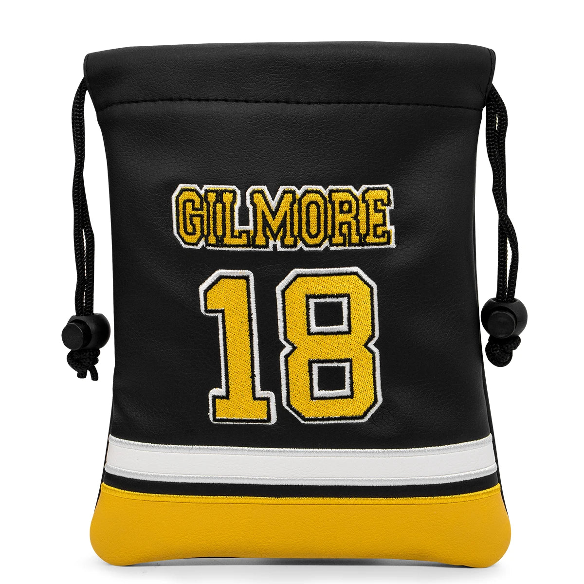 Black drawstring bag with 'Gilmore' and number '18' in yellow on a white background