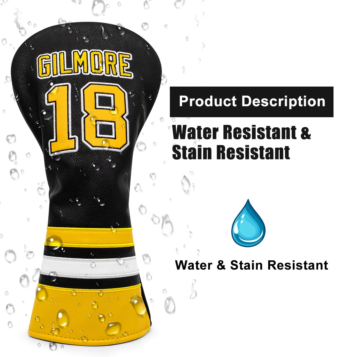 Golf club head cover with 'Gilmore' and number '18', water-resistant and stain-resistant text, and water droplet icon.