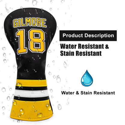 Golf club head cover with 'Gilmore' and number '18', water-resistant and stain-resistant text, and water droplet icon.
