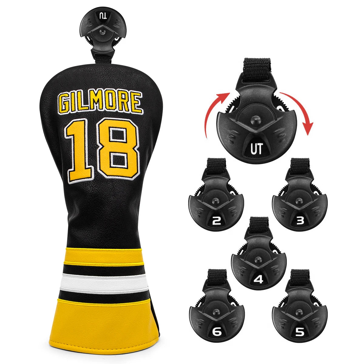 Golf club head cover with 'Gilmore' and number '18', showing interchangeable tips on a white background.