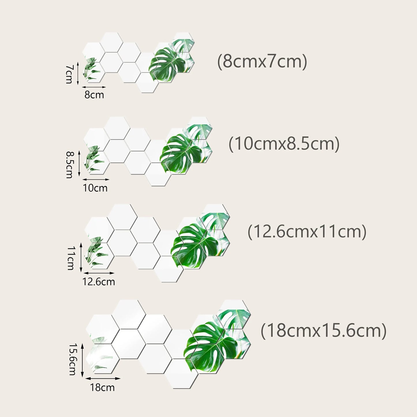 Hexagonal wall stickers with leaf designs and dimensions on a beige background