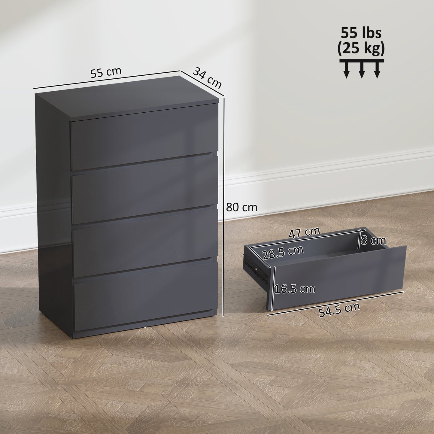 High Gloss Chest of Drawers Grey Dimensions