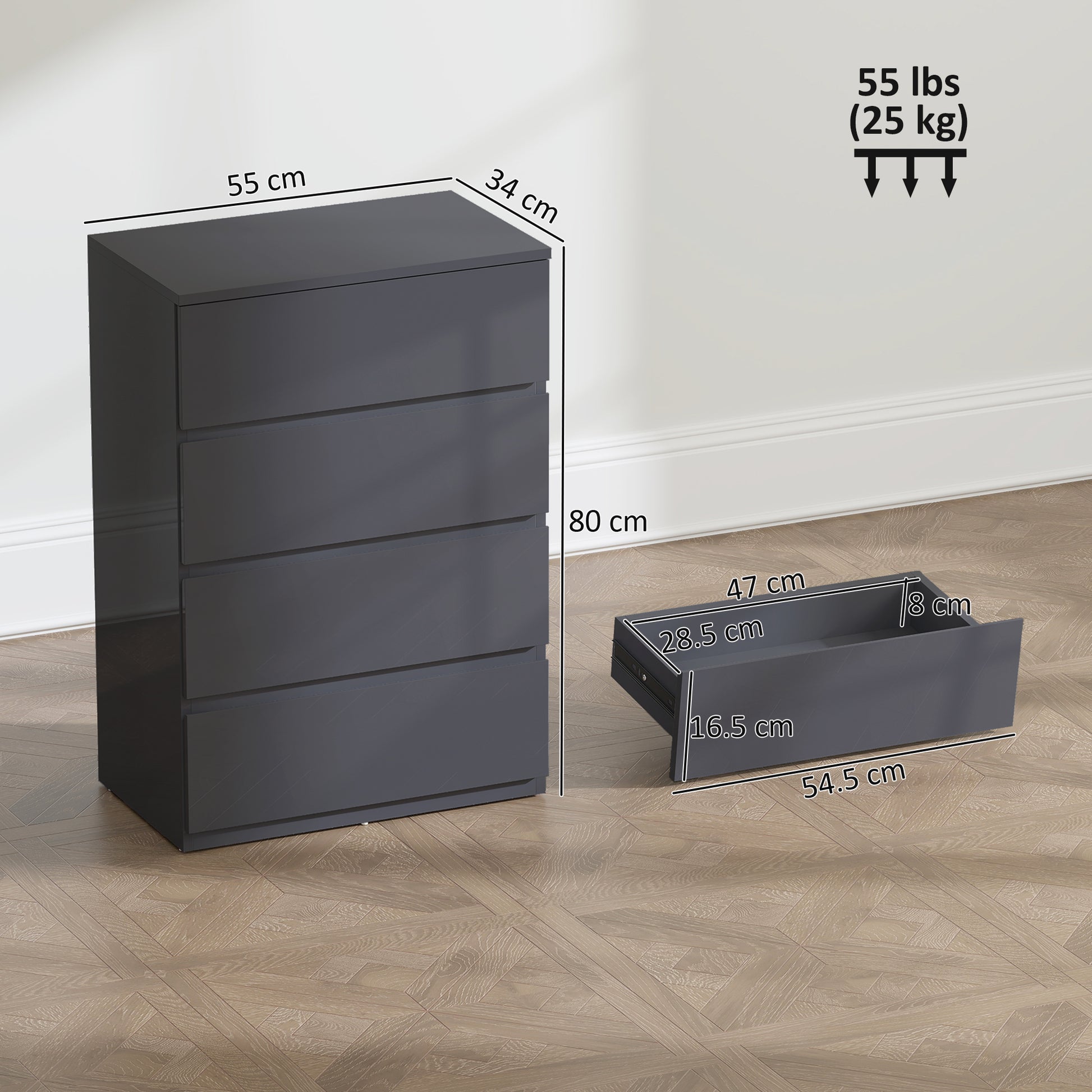 High Gloss Chest of Drawers Grey Dimensions