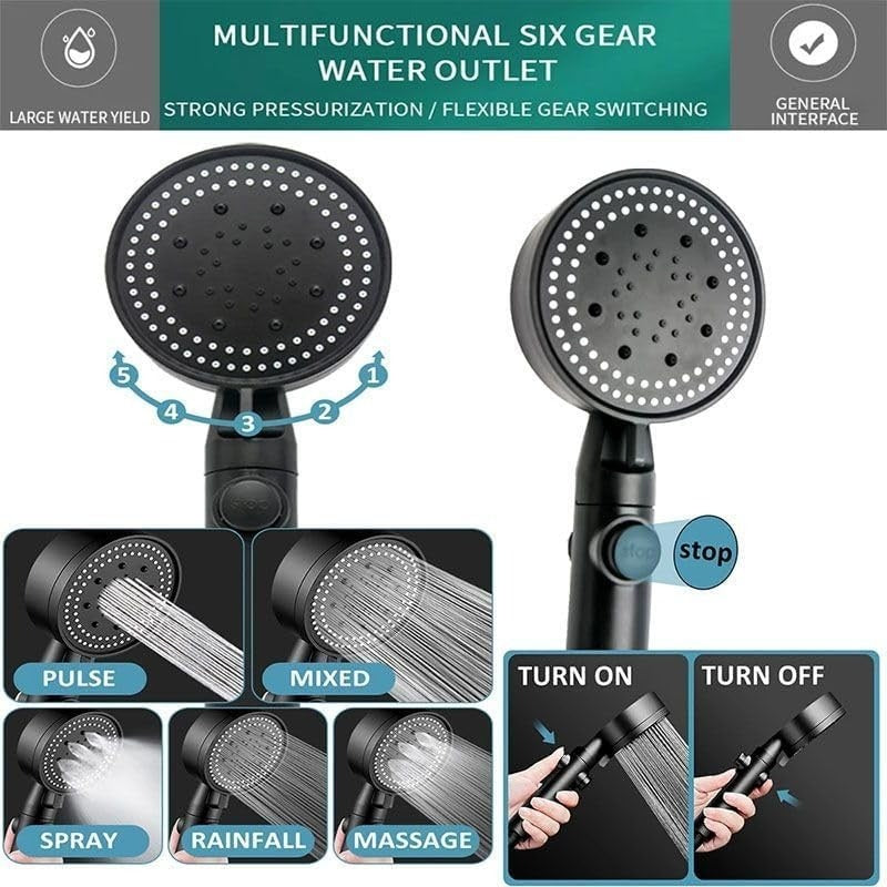 Multifunctional six gear water outlet with various spray modes on a white background