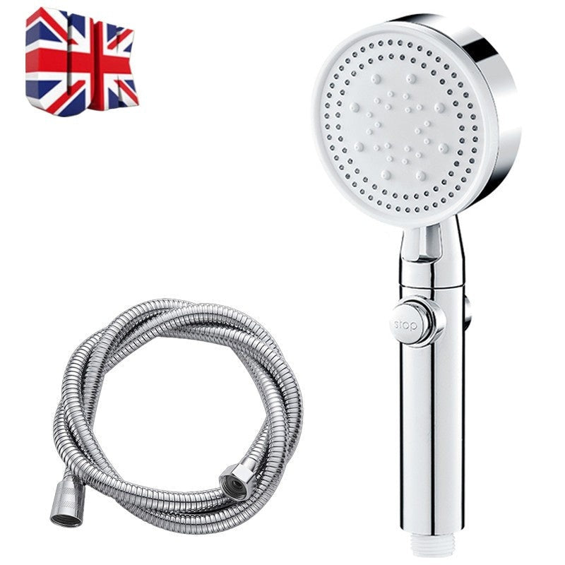 Silver shower head with 1.5m silver hose on a white background