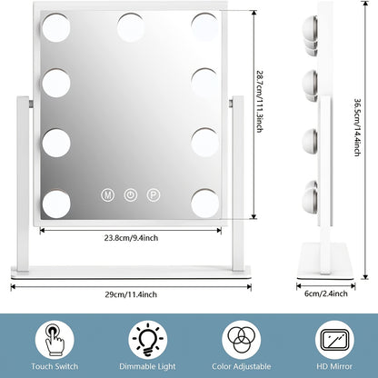 Dimensions and features of a makeup mirror with light and touch control.