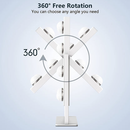Modern table lamp with 360-degree rotation feature on a light gray background