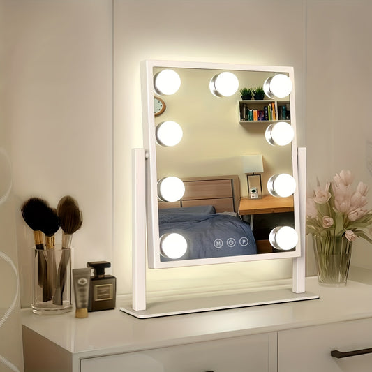 Makeup mirror with lights on a vanity table in a bedroom setting
