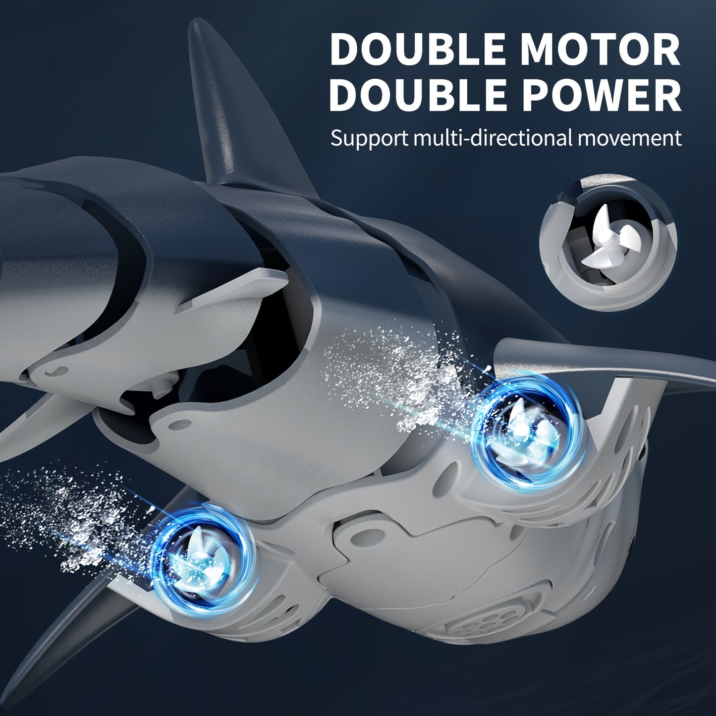 Close-up of a drone with double motors on a dark background, highlighting 'Double Motor Double Power' feature.