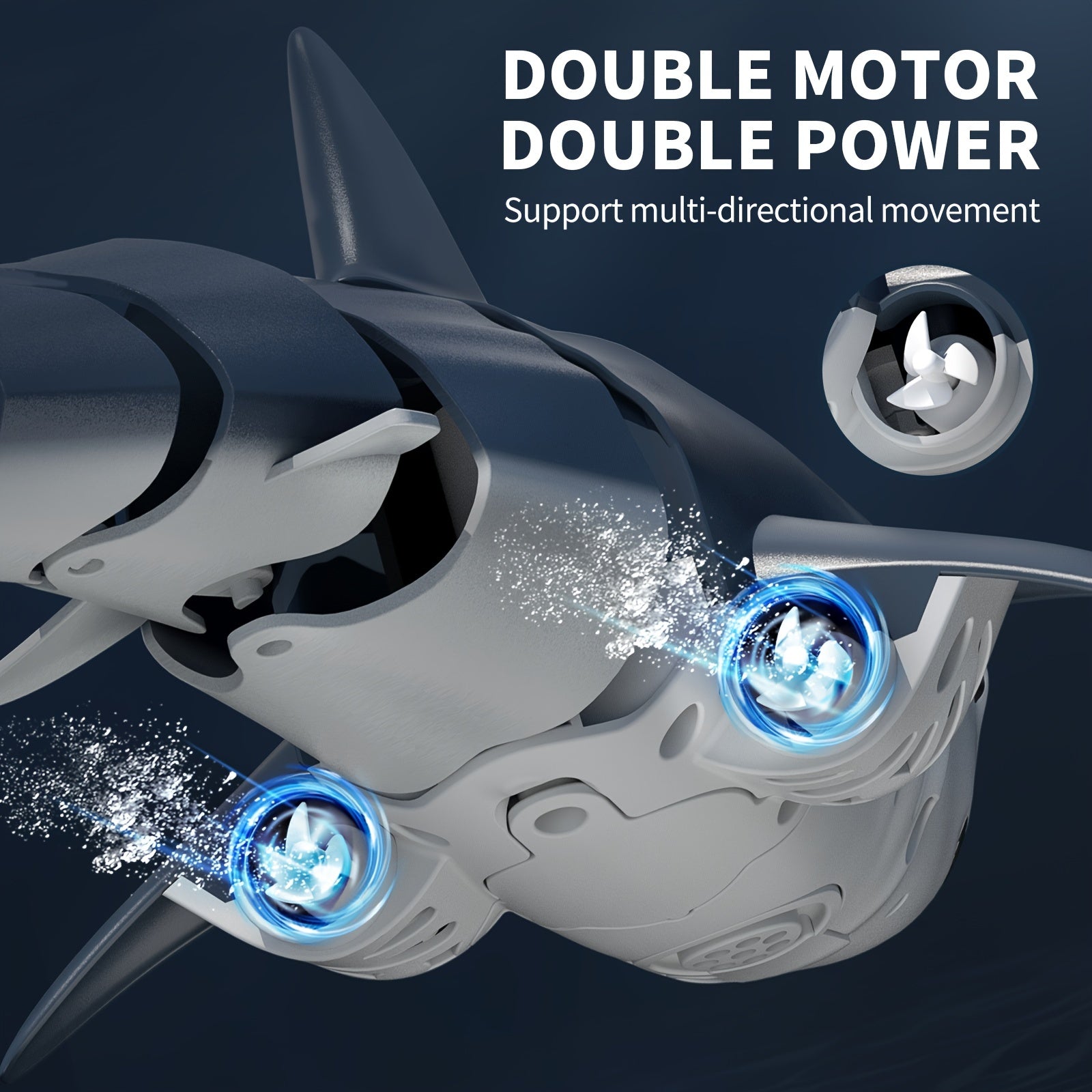 Close-up of a drone with double motors on a dark background, highlighting 'Double Motor Double Power' feature.