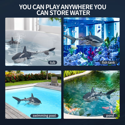 Collage of shark toys in various water settings including a tub, fish tank, swimming pool, and pond.