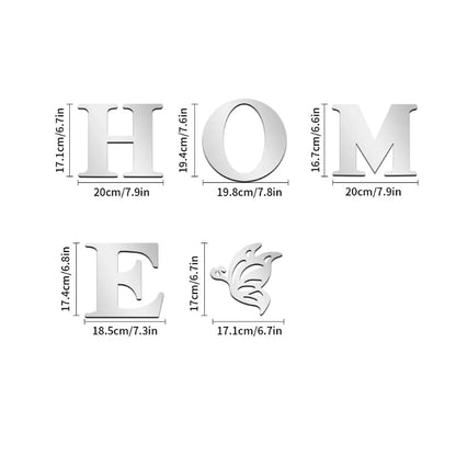 Metallic letters 'H', 'O', 'M', and 'E' with dimensions on a white background