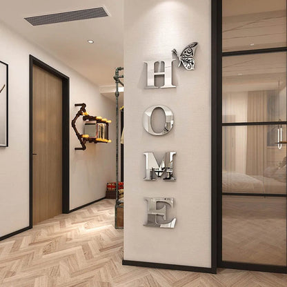 Decorative 'HOME' wall art in a modern interior setting with a mirror and door.