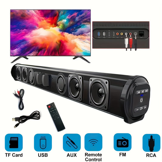 Soundbar with TV, power strip, cables, and remote control on a white background