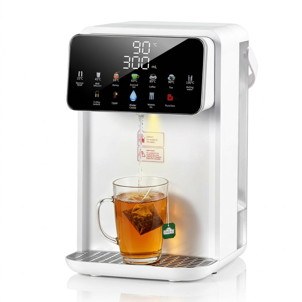 A white countertop hot water dispenser with a black digital control panel, shown dispensing hot water into a clear glass mug containing tea. The dispenser includes icons for various beverage types on the panel and a drip tray at the bottom.