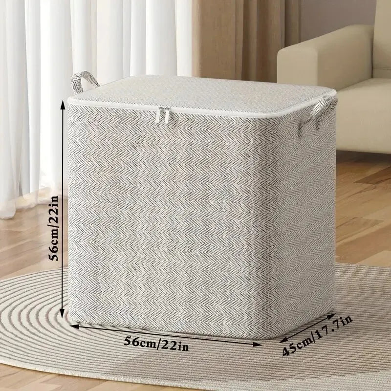 Gray laundry basket with measurements on a wooden floor