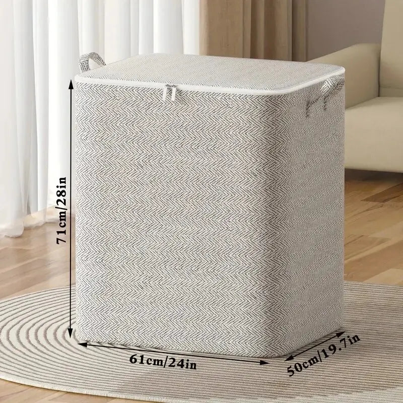 Gray laundry basket with measurements on a wooden floor