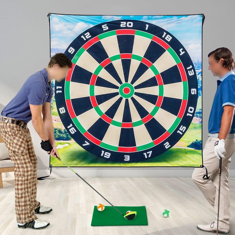 Two people playing a golf-themed darts game with a large dartboard in the background.