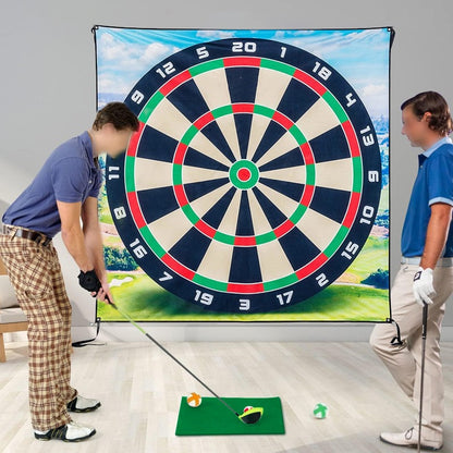Two people playing a golf-themed darts game with a large dartboard in the background.