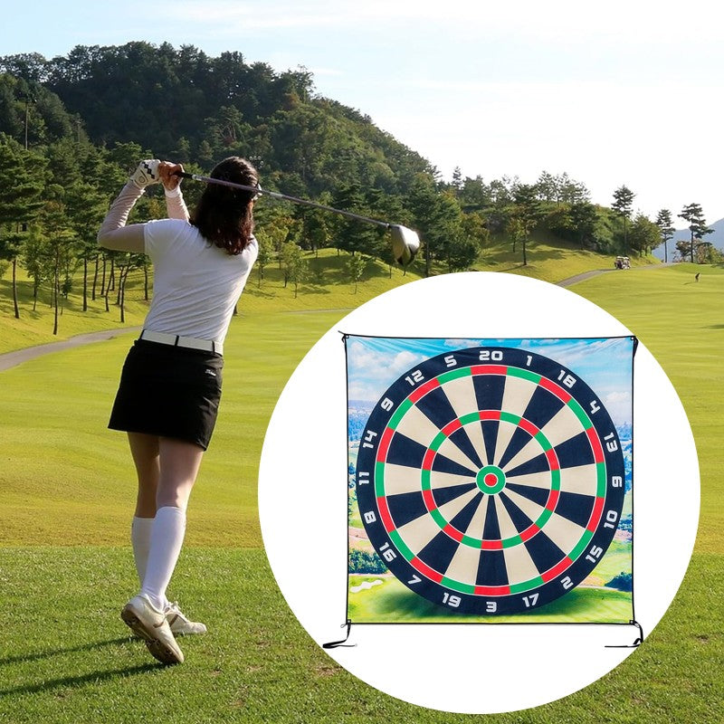 Person playing golf with a dartboard on a grassy field