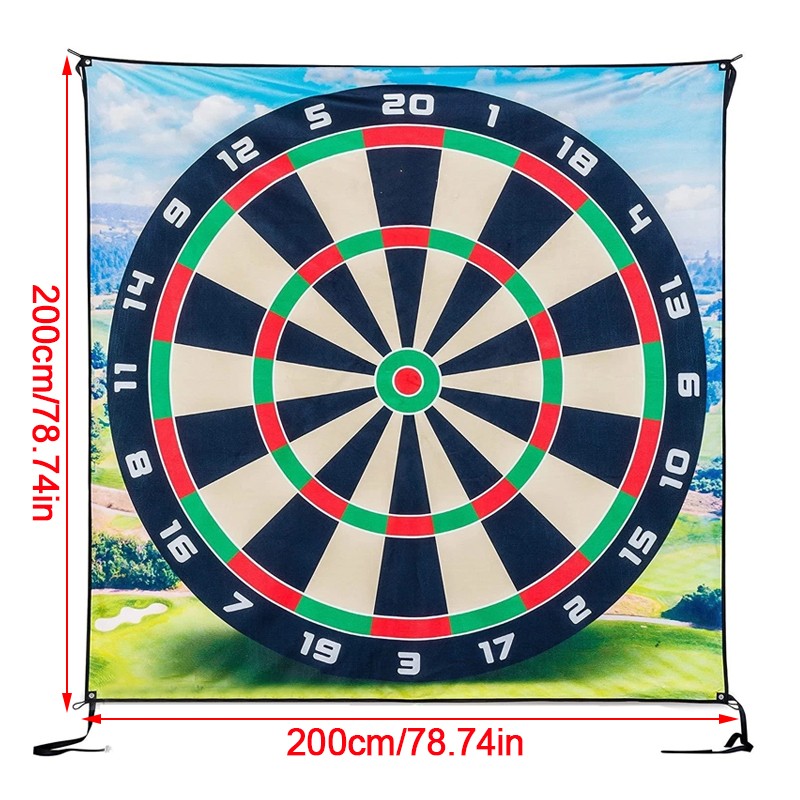 Dartboard with scenic background and measurement details
