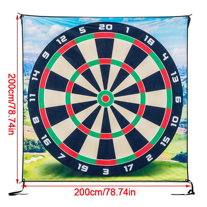Dartboard with scenic background and measurement details