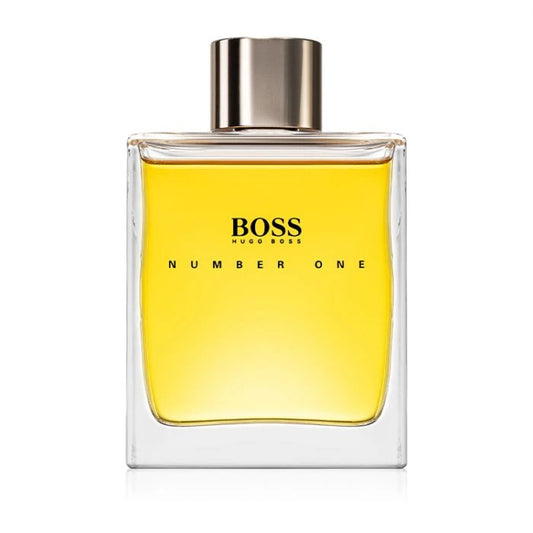 BOSS Number One perfume bottle with yellow liquid on a white background