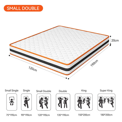 Mattress with dimensions and size chart on a white background