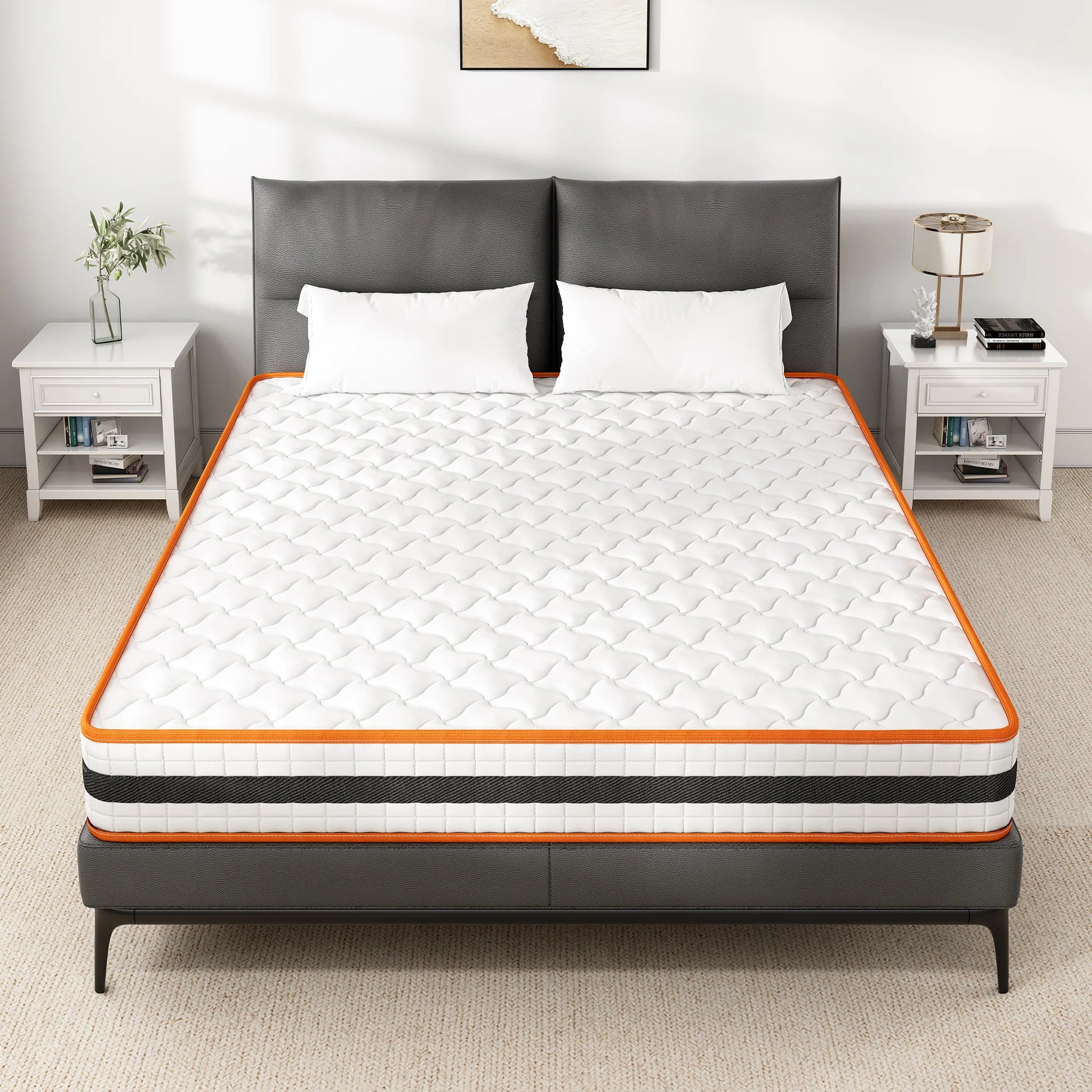 Mattress on a bed in a bedroom setting with nightstands and decor.