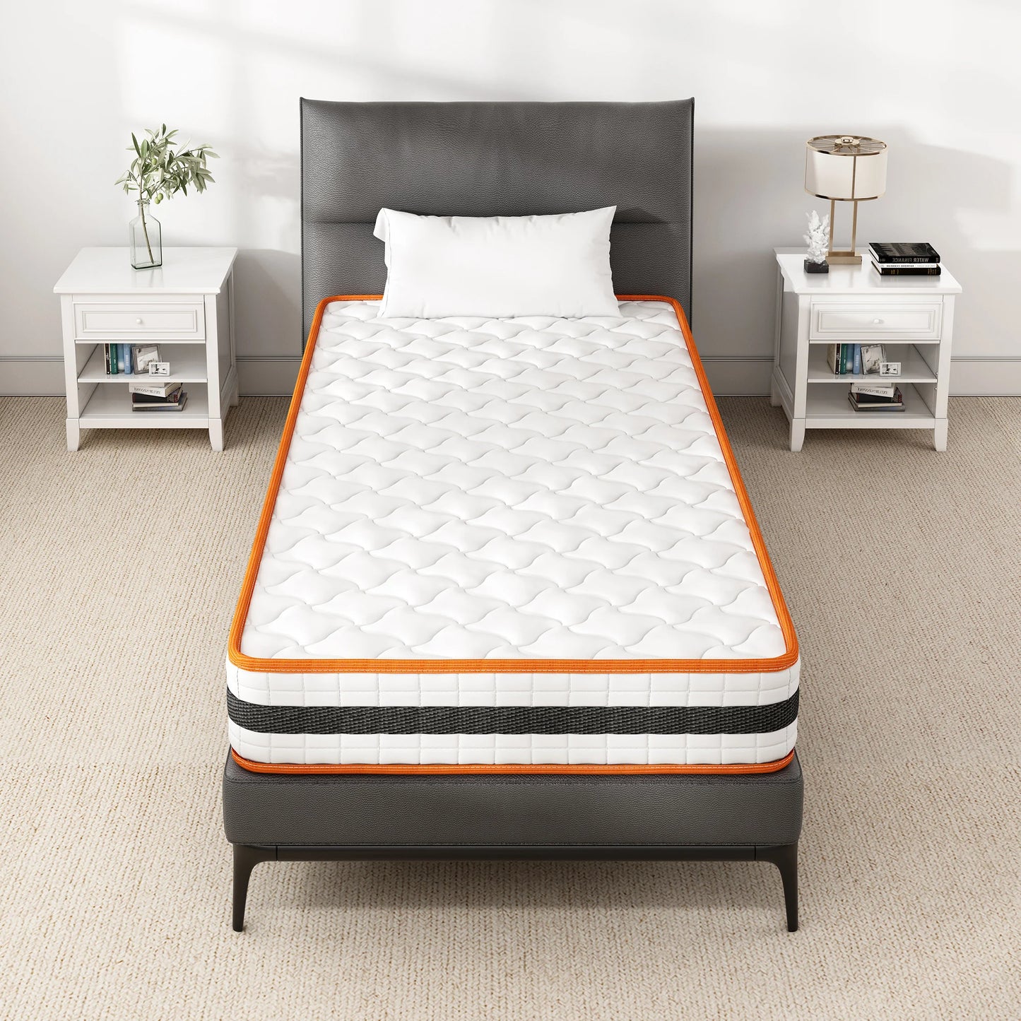 Mattress on a bed in a bedroom setting with white walls and furniture.