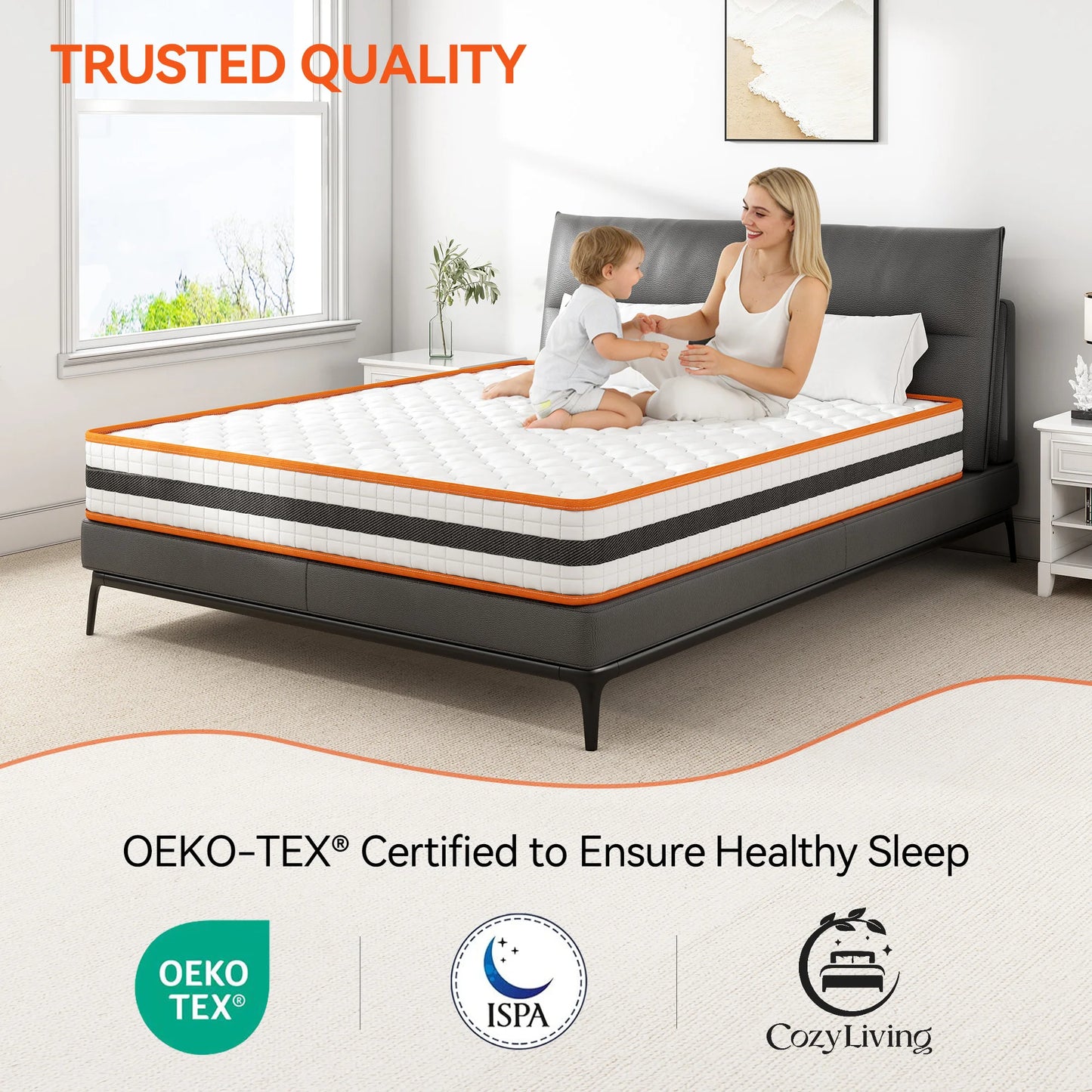 Woman and child on a mattress with 'Trusted Quality' and 'OEKO-TEX Certified' text.
