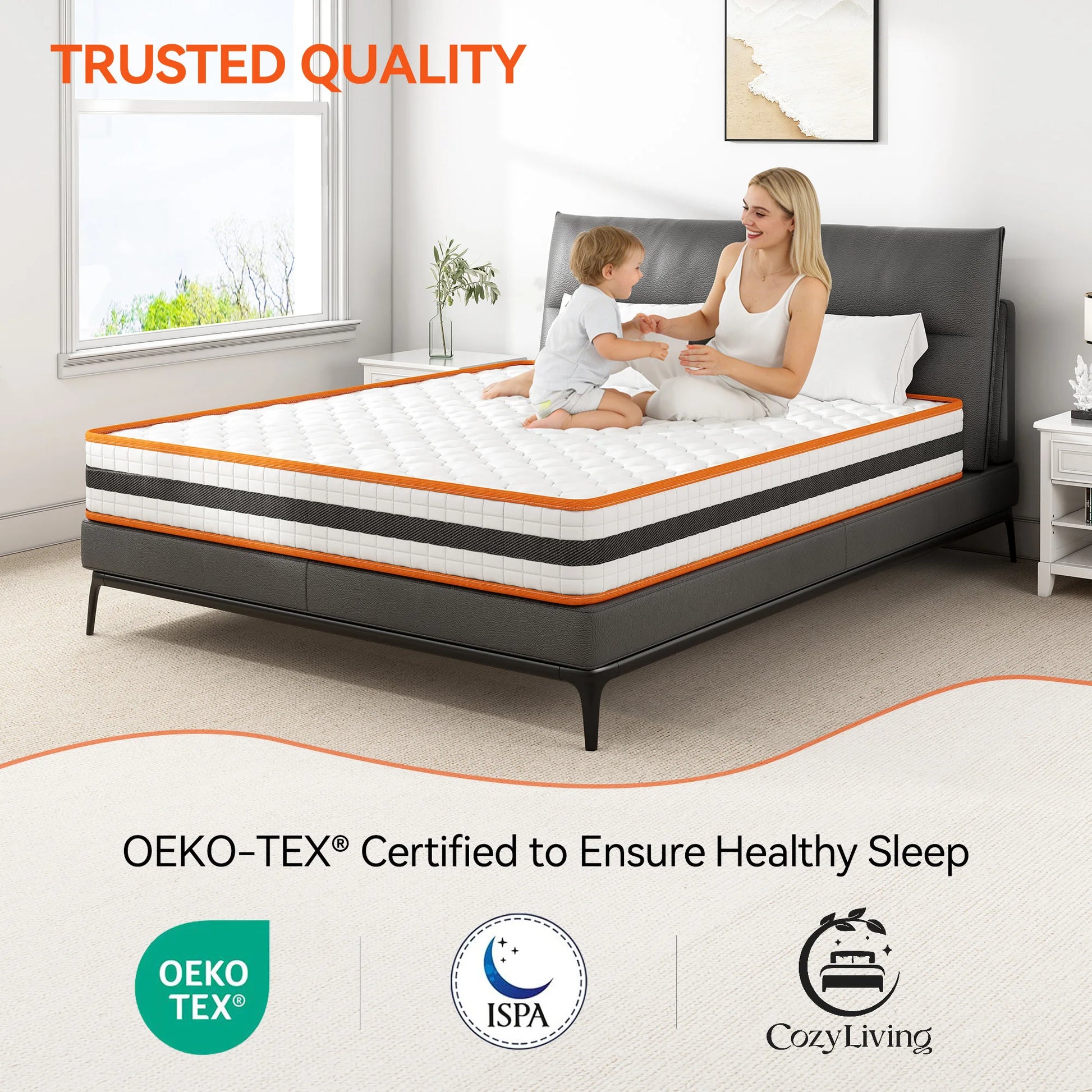 Woman and child on a mattress with 'Trusted Quality' and 'OEKO-TEX Certified' text.