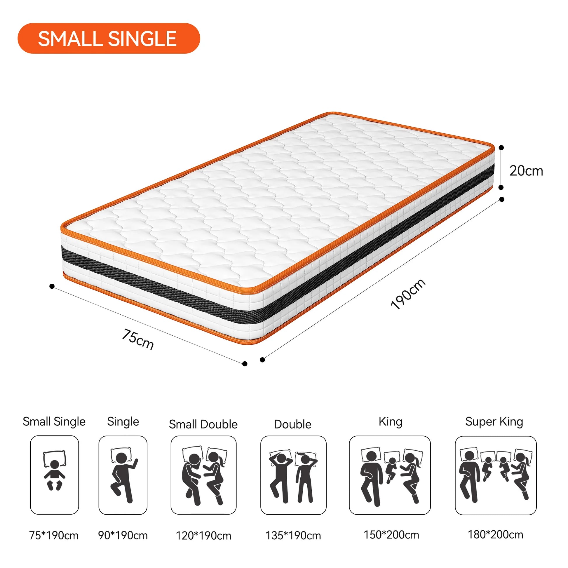 Small single mattress with dimensions and size comparison icons on a white background