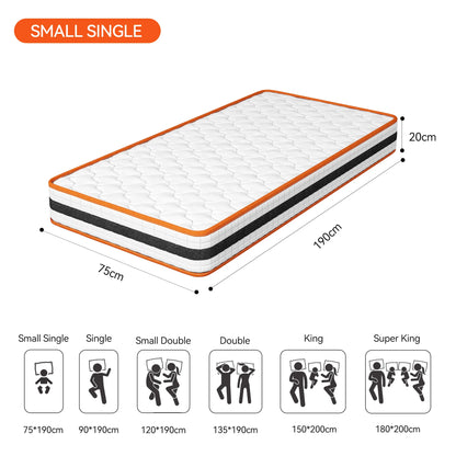 Small single mattress with dimensions and size comparison icons on a white background