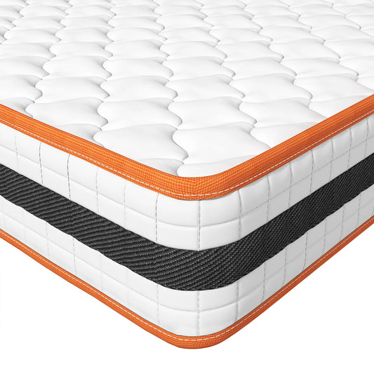 Mattress with orange and black trim on a white background