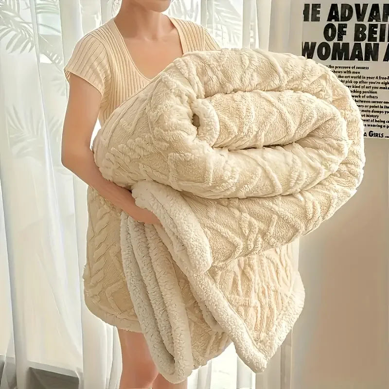 Person holding a large beige textured blanket in front of a white curtain.
