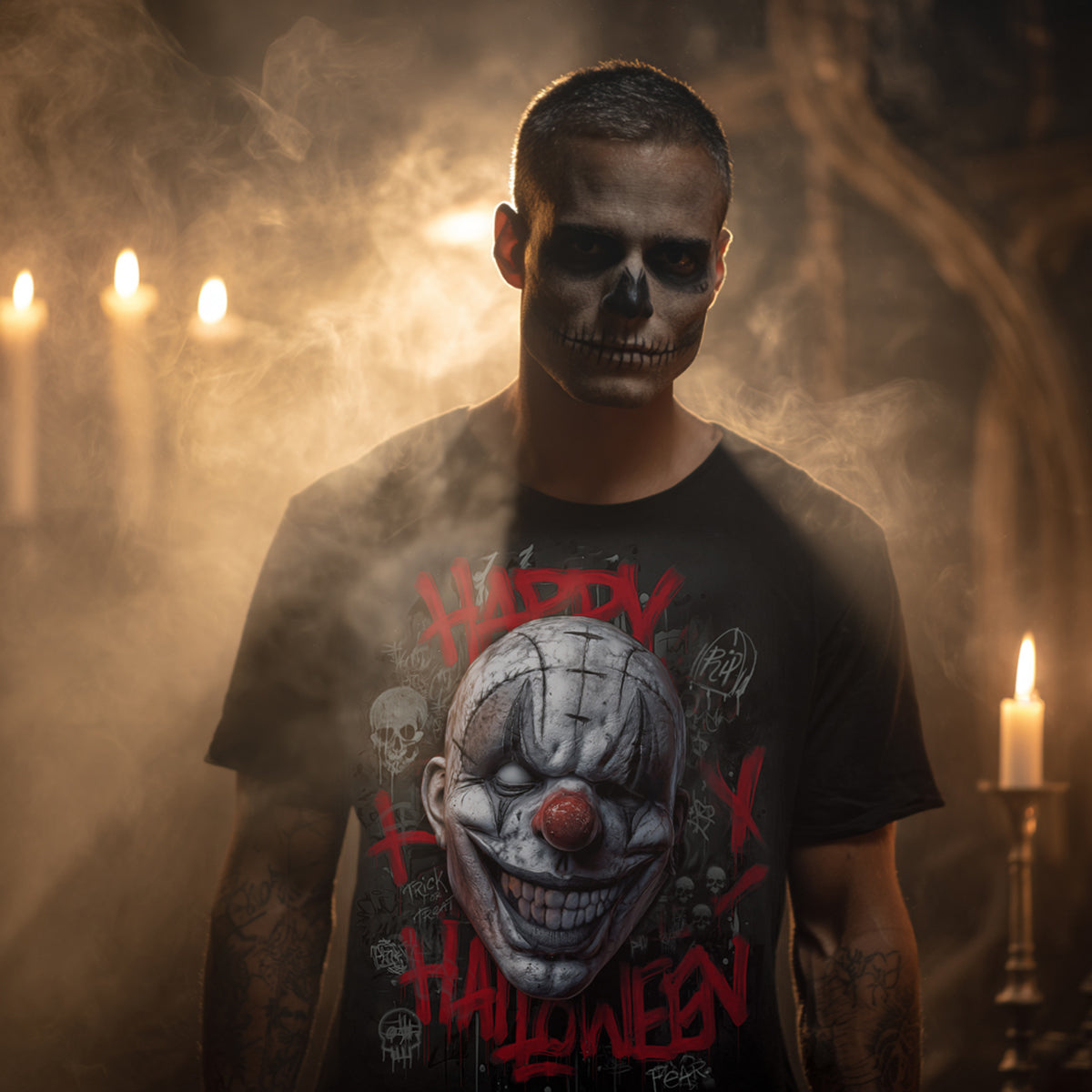 Happy Horroween T-Shirt Black Halloween Killer Clown Graphic 100% Cotton Tee