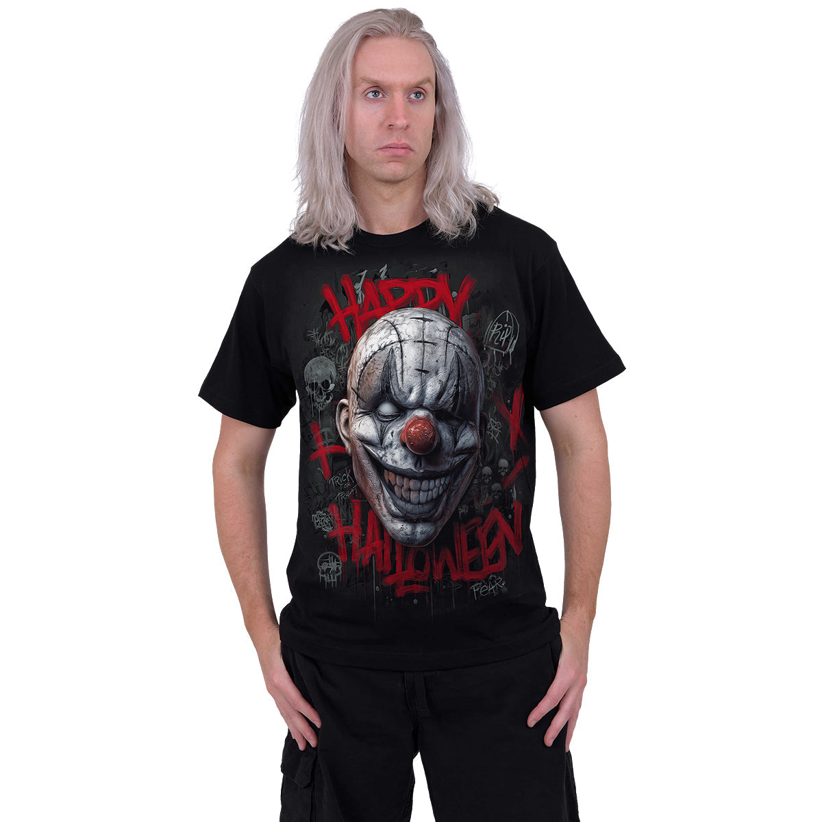 Happy Horroween T-Shirt Black Halloween Killer Clown Graphic 100% Cotton Tee
